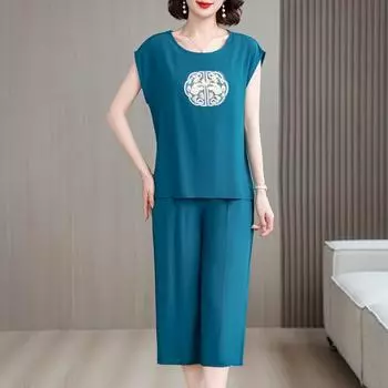 Летние комплекты для женщин, комплект из 2 предметов, повседневные свободные винтажные комплекты с брюками больших размеров, женская одежда среднего возраста XL чёрный