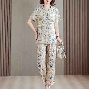 Летние комплекты из 2 предметов больших размеров, женские наряды, топ с короткими рукавами, женские элегантные брюки и блузка, комплект XL
