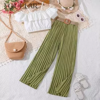 Летние комплекты из 2 предметов для девочек, узкие топы + брюки, детская одежда для детей 8-12 лет