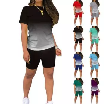 Летние комплекты из 2 предметов для женщин, футболки с короткими рукавами, брюки, шорты, спортивный костюм с градиентом цвета, спортивная одежда L чёрный