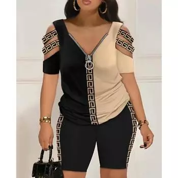 Летние комплекты из 2 предметов, женские наряды, модные принты, рубашки с коротким рукавом, топы, шорты, костюм, повседневный комплект S