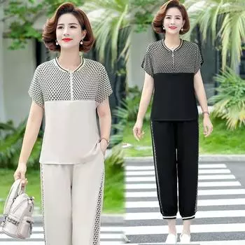 Летние комплекты из двух предметов 5XL, женские наряды с короткими рукавами, одежда для мам среднего возраста, повседневные спортивные брючные костюмы для бабушек пожилого возраста 5XL чёрный