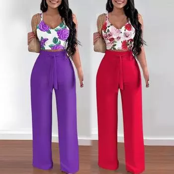 Летние комплекты из двух предметов для женщин: безрукавка с V-образным вырезом, топ на бретельках, широкие брюки, летний повседневный костюм с цветочным принтом S красный
