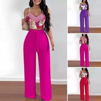 Летние комплекты из двух предметов для женщин: безрукавка с V-образным вырезом, топ на бретельках, широкие брюки, летний повседневный костюм с цветочным принтом S красный