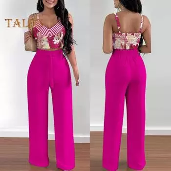 Летние комплекты из двух предметов для женщин: безрукавка с V-образным вырезом, топ на бретельках, широкие брюки, летний повседневный костюм с цветочным принтом S розы красного