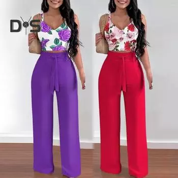 Летние комплекты из двух предметов для женщин: безрукавка с V-образным вырезом, топ на бретельках, широкие брюки, летний повседневный костюм с цветочным принтом S фиолетовый