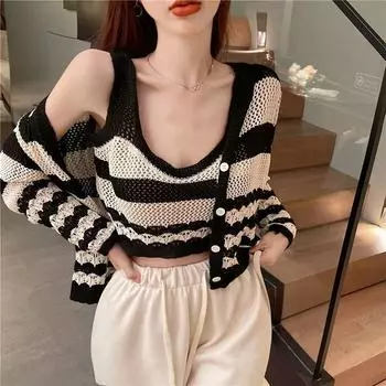 Летние комплекты из двух предметов: майка и свитер, женский ажурный вязаный кардиган, сексуальная облегающая красивая верхняя одежда, повседневный короткий топ в стиле Kpop темно-синий