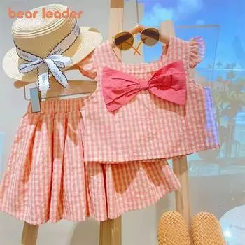 Летние комплекты одежды Bear Leader для девочек, розовая клетчатая футболка с летающими рукавами и бантом, топ + плиссированная юбка, комплект из двух предметов, детская одежда для детей 3-7 лет 3T