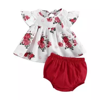 Летние комплекты одежды для маленьких девочек, топы с короткими рукавами и круглым вырезом с цветочным принтом + однотонные шорты из полипропилена 0-3 Months розовый