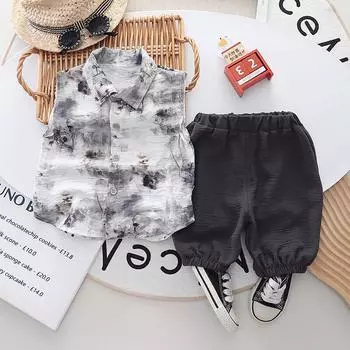 Летние комплекты одежды для маленьких мальчиков, модная рубашка без рукавов и шорты в китайском стиле, комплект для младенцев, костюмы унисекс, хлопковые костюмы для девочек, 2 шт. 3-4 Years серый