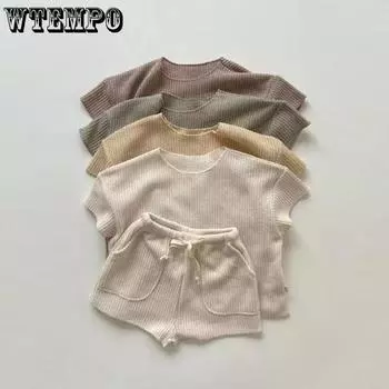 Летние комплекты одежды из 2 предметов для мальчиков и девочек, однотонные мягкие свободные шорты с короткими рукавами и завязками, вафельные наряды, детские трикотажные костюмы 73 бежевый