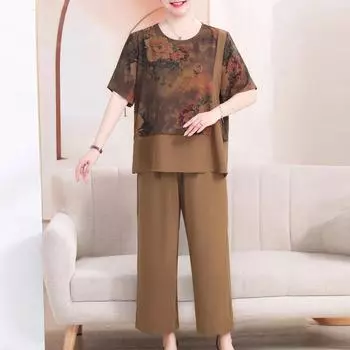 Летние комплекты оверсайз для женщин, комплект из 2 предметов, повседневные элегантные свободные брюки с высокой талией больших размеров, летняя одежда XL коричневый