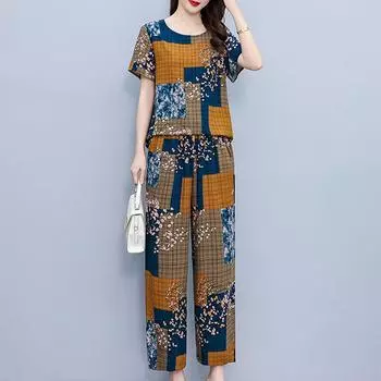 Летние комплекты с широкими брюками больших размеров с винтажным принтом, повседневные элегантные свободные комплекты для женщин, комплект из 2 предметов XL