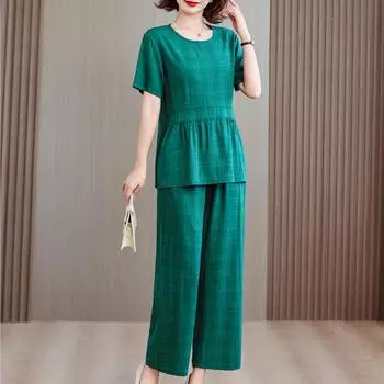 Летние комплекты с широкими брюками, женский костюм размера плюс, элегантный новый комплект из двух предметов, повседневная свободная блузка с короткими рукавами