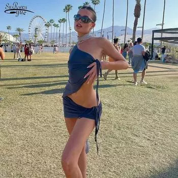 Летние комплекты сексуальных платьев на шнуровке. Женские наряды 2022. Сексуальный коорд для клубной вечеринки. Комплекты с укороченным топом на одно плечо и мини-юбками 21614 S орион