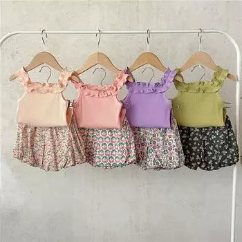 Летние комплекты жилетов с цветочным принтом для девочек, хлопковый жилет без рукавов + свободные шорты, одежда для маленьких девочек 66