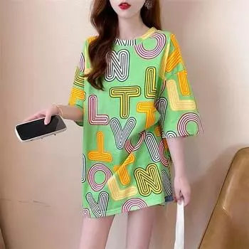 Летние корейские футболки средней длины большого размера в стиле Харадзюку, футболка с короткими рукавами, красный, зеленый топ с буквенным принтом y2k, женская уличная одежда M красный
