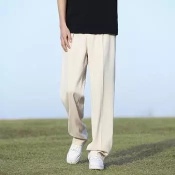 Летние корейские мужские брюки легкие тонкие полиэстеровые эластичные талии полуширокие свободные брюки драпированные костюмные брюки мужские повседневные брюки XL чёрный