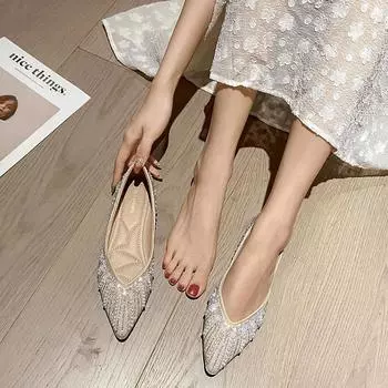 Летние корейские туфли 2025 года с мягкой подошвой, заостренные, на плоской подошве, с жемчужными стразами, с неглубокой горловиной, с одной педалью, женские туфли Doudou 34 синий