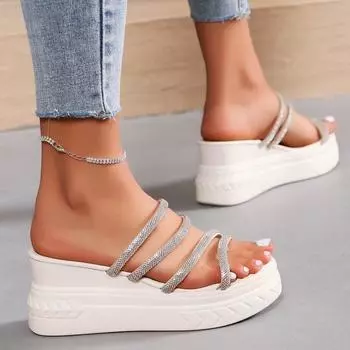 Летние корейские туфли на толстой подошве, модные, со стразами, на покатом каблуке, для женщин, повседневные туфли на высоком каблуке для женщин 40 белый