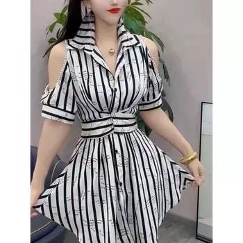 Летние корейские женские повседневные платья с воротником-поло и открытыми плечами, с полосками, бисером, принтом, на пуговицах, нестандартные облегающие платья S