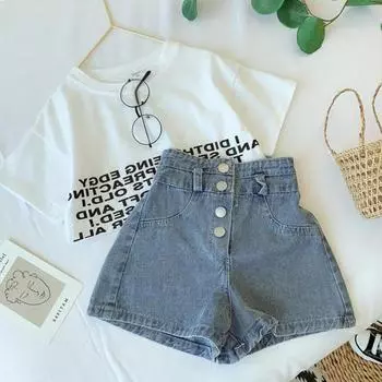 Летние костюмы для девочек, комплект одежды, весенние джинсовые шорты с высокой талией, топы со средними рукавами и буквенным принтом, комплект детской одежды из 2 предметов 160 белый