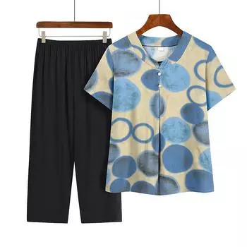 Летние костюмы для людей среднего и пожилого возраста, женская одежда, одежда для бабушек с принтом, блузка для пожилых леди с короткими рукавами, костюм-двойка M