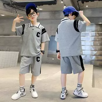 Летние костюмы для мальчиков, летняя одежда, рубашки-поло с короткими рукавами для больших детей, брюки с пятью точками, костюм-двойка в западном стиле 100 серый