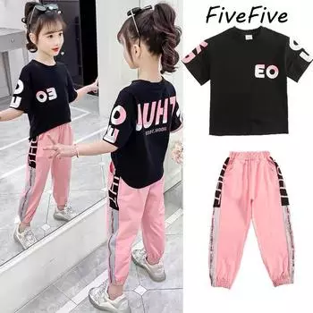 Летние костюмы FiveFive для девочек, повседневный топ с короткими рукавами + брюки, комплект одежды из 2 предметов 160 белый