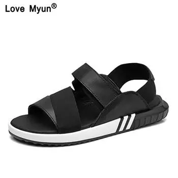 Летние кожаные мужские сандалии черного цвета, простые мужские туфли ручной работы, удобные пляжные туфли, мужские сандалии T1 6.5 чёрный