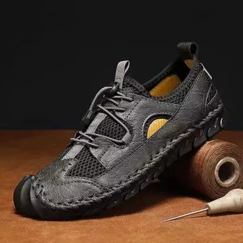 Летние кожаные сандалии большого размера с мягкой подошвой, полые, дышащие, с отверстиями, мужская пляжная обувь 38 чёрный