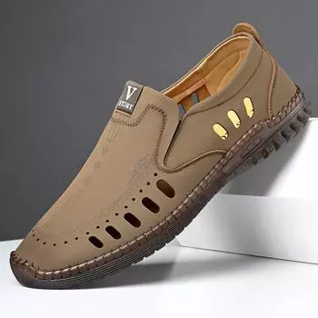 Летние кожаные сандалии мужские дырявые кожаные туфли с сумкой для головы полые дышащие повседневные мужские туфли для отцов среднего и пожилого возраста 38