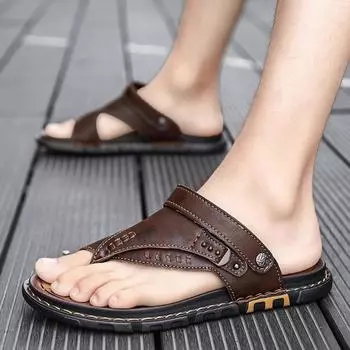 Летние кожаные сандалии мужские водонепроницаемые и нескользящие, модель 2024 года, новые шлепанцы для папы, повседневная пляжная обувь с мягкой подошвой 38 коричневый
