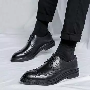 Летние кожаные туфли мужские деловые нарядные модные британские повседневные туфли на шнуровке для жениха 6698-R 38 чёрный