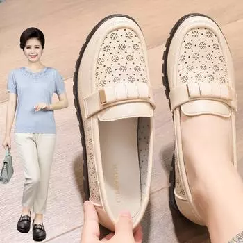 Летние кожаные туфли на мягкой подошве для женщин среднего и пожилого возраста, удобные и дышащие, одинарные туфли, нескользящие туфли для мам на плоской подошве 34
