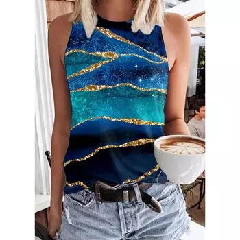Летние красивые полосатые 3D-принты майки женские повседневные уличные свободные жилеты с круглым вырезом без рукавов женские майки S