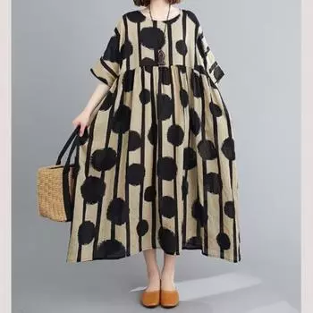 Летние красные, черные хлопковые льняные платья больших размеров в горошек, большие размеры в стиле ретро, свободное длинное платье макси в полоску с круглым вырезом для женщин One Size чёрный