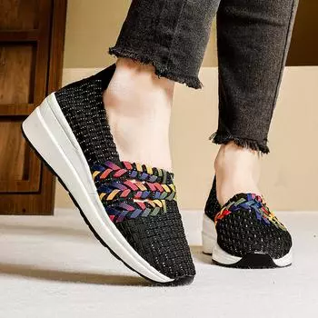 Летние красные черные туфли на платформе, пляжная обувь с плетением, женские эспадрильи, черные туфли без застежек, повседневные разноцветные теннисные кроссовки на танкетке, большой размер 38 чёрный