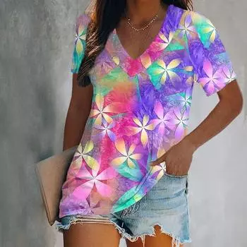 Летние красочные цветочные 3D-принты футболки женские футболки с V-образным вырезом и коротким рукавом Y2k топы футболки свободного покроя женская одежда Harajuku S