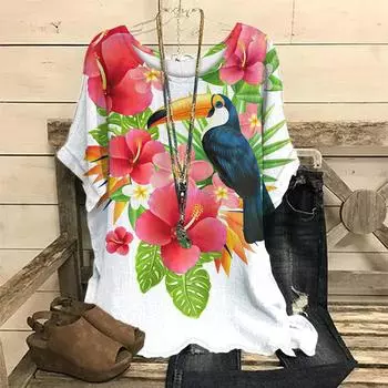 Летние красочные цветочные принты женские футболки с круглым вырезом повседневный свитер свободный короткий рукав большой размер футболка женская ретро одежда S