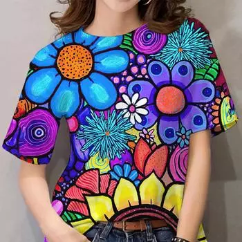 Летние красочные футболки с цветочным принтом, женские футболки с короткими рукавами и цветочным 3D-принтом, уличная одежда Y2k Harajuku, футболки, топы, женская одежда S