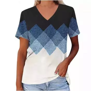 Летние красочные клетчатые принты элегантные женские футболки с коротким рукавом и V-образным вырезом для поездок на работу женские S