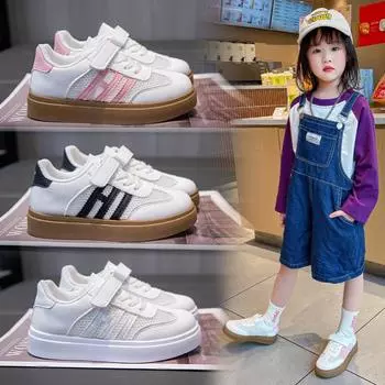 Летние кроссовки для мальчиков с контрастной мягкой подошвой для девочек, кроссовки на липучках, сетчатые туфли 26 белый