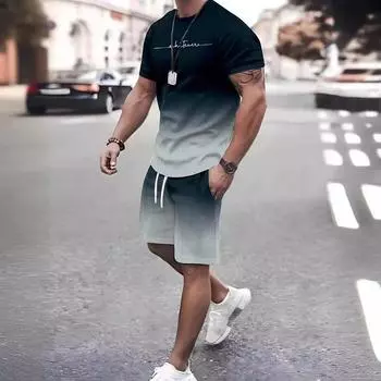 Летние крутые модные мужские шорты с короткими рукавами и градиентом, комплект с простой футболкой с 3D принтом и буквами, мужская уличная одежда из двух предметов, спортивная одежда S