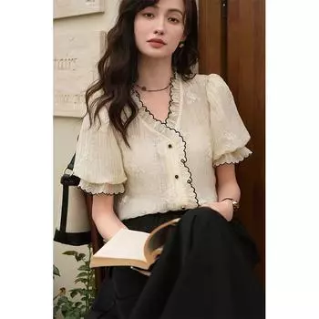 Летние кружевные рубашки Mishow для женщин, французские винтажные элегантные пышные рукава, вышивка, v-образный вырез, газовая базовая блузка с принтом, женская блузка MXC33X0012 S абрикосовый