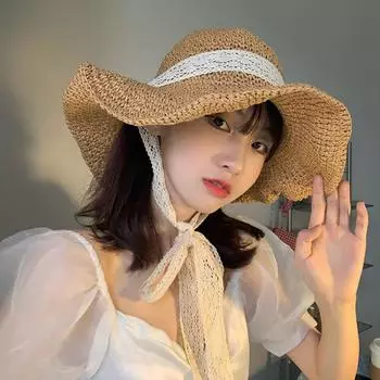 Летние кружевные шляпы от солнца с широкими полями, соломенная пляжная кепка, женская панама, мягкая женская соломенная шляпа, однотонные кепки с бахромой 56-58cm хаки