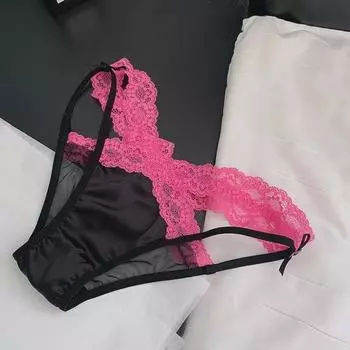 «Летние кружевные трусики 2024 года»: Бесшовный, чистый хлопок, промежность, стильный дизайн для женщин и девочек. One Size (80-120) чёрный