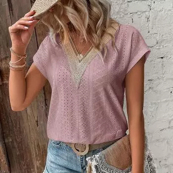Летние кружевные жаккардовые блузки с V-образным вырезом, популярные свободные повседневные женские топы S розовый