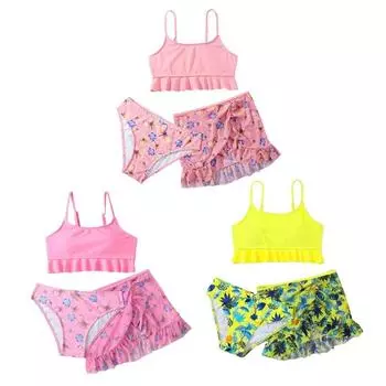 Летние купальники-бикини для девочек от 8 до 13 лет, бюстгальтер, трусики и юбка, купальник из трех частей, пляжная одежда 9-10Y