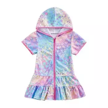 Летние купальники для маленьких девочек 2 года, 3 года, 4 года, 5 лет, 6 лет, 7 лет, 8 лет, 9 лет, 10 лет, пляжная одежда с короткими рукавами и леопардовым принтом, на молнии с капюшоном 2-3 Years розовый